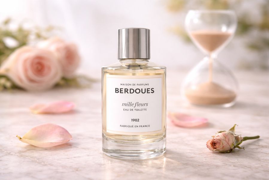 Flacon Berdoues Mille Fleurs Eau de Toilette posé sur une surface claire avec pétales de rose et sablier en arrière-plan évoquant le temps et la conservation du parfum.
