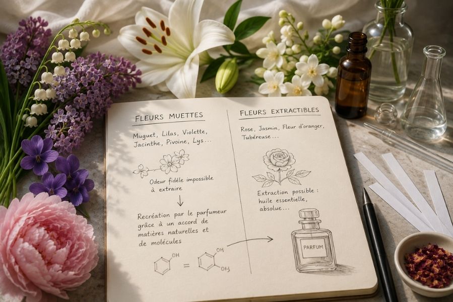 Fleurs muettes et fleurs extractibles utilisées dans la création d’un parfum