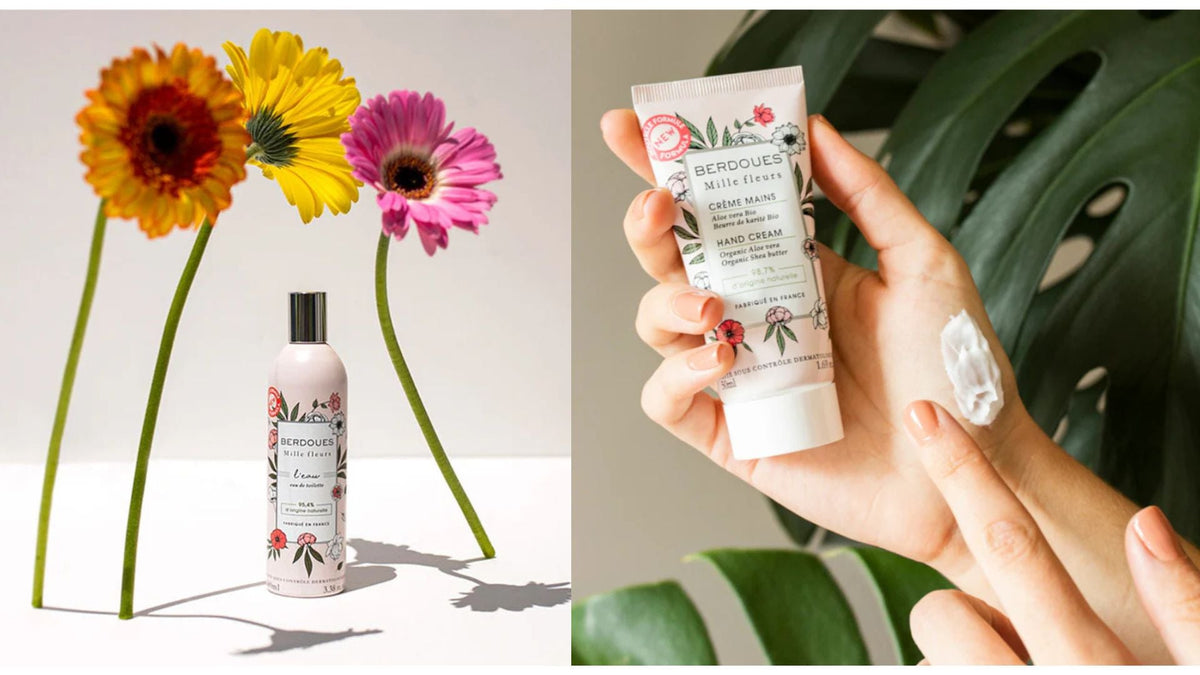 Soins Mille Fleurs Berdoues : eau de toilette et crème mains aux ingrédients naturels.