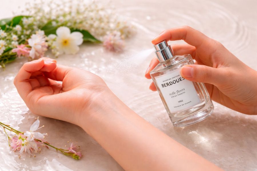 Application d’un parfum Berdoues Mille Fleurs sur le poignet, illustrant la diffusion et la tenue d’une fragrance sur la peau.