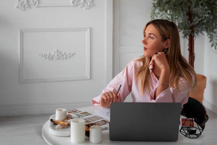 Femme au bureau portant un parfum discret adapté à l’open space